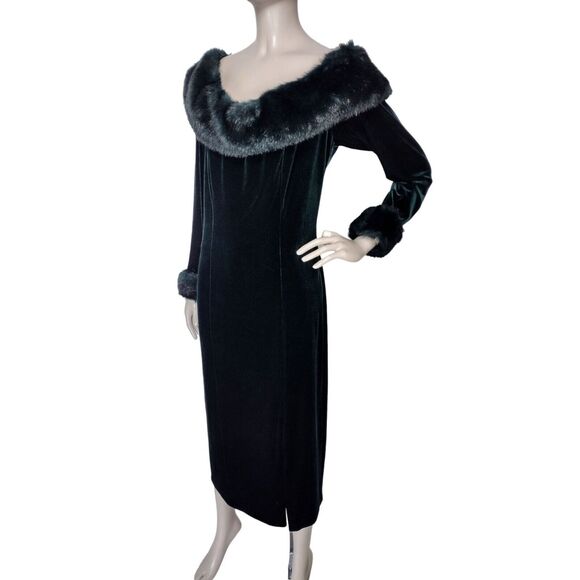 Vintage 80s 90s Aspeed Green Velvet Faux Fur Volump Bombshell Party Dress NEW - Picture 1 of 9